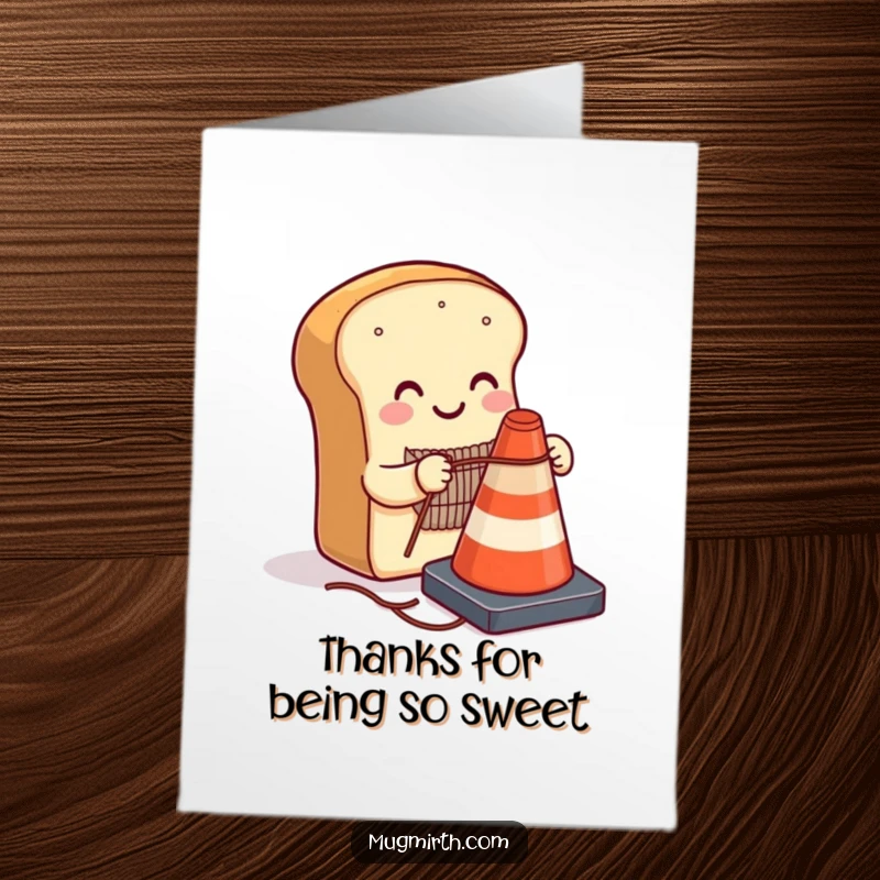 Funny Free Printable Thank You Card: a smiling loaf of bread knitting a sweater for a traffic cone, offering thanks.