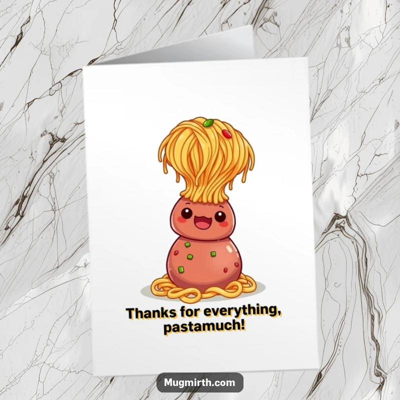 Funny Free Printable Thank You Card: Spaghetti headstand on a meatball, expressing thanks humorously.
