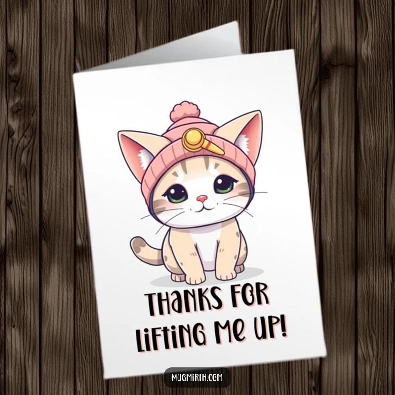Funny free printable thank you card: A cat wearing a propeller beanie flaps huge ears, attempting airborne antics to say thanks.