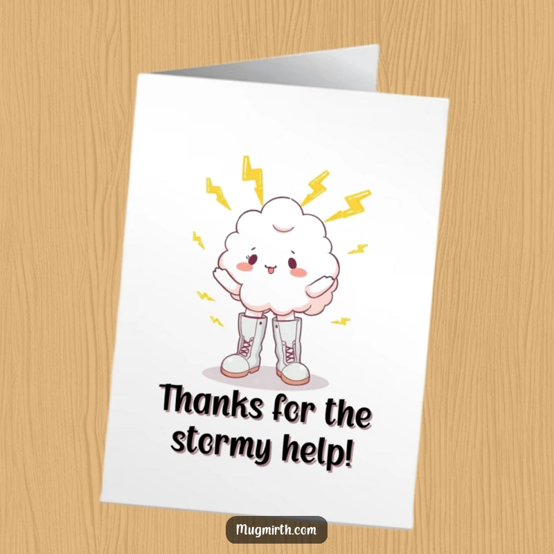 Funny free printable thank you card showing a cloud in boots juggling lightning bolts as a thank you gesture.