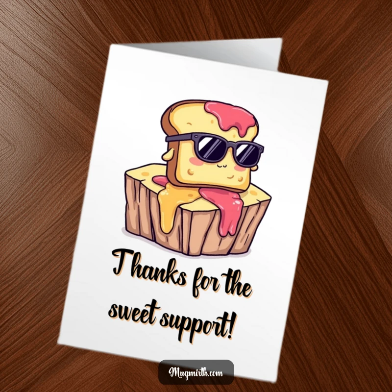 Funny free printable thank you card: a toast wearing sunglasses falls off a jam cliff, a humorous way to say thanks.