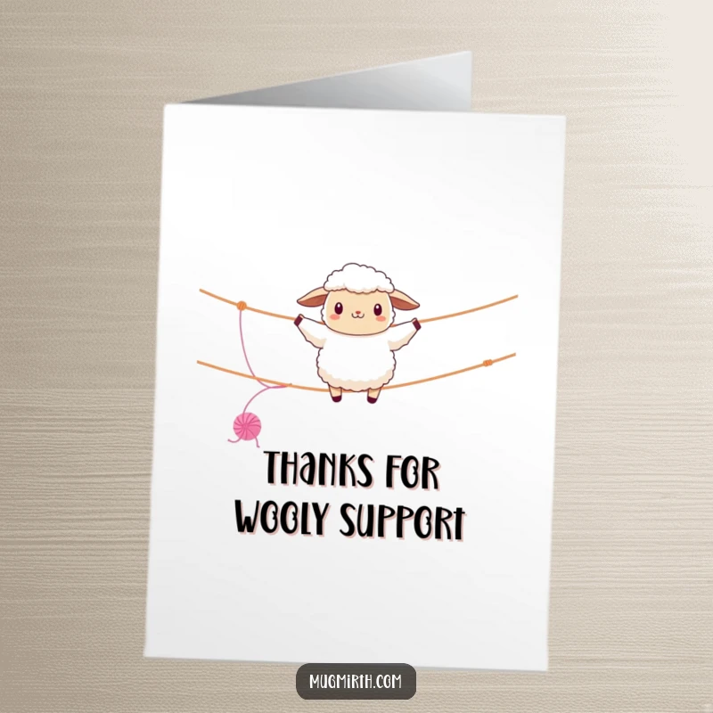 Funny Free Printable Thank You Card: A fluffy sheep walks a clothesline tightrope, unraveling yarn, sending humorous thanks.