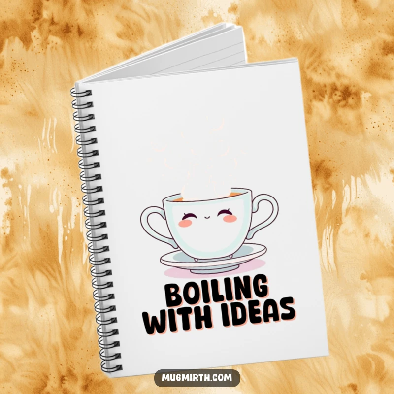Funny notebook cover depicting a cheerful sentient teacup blowing large, whimsical steam bubbles, ideal for journaling and notes.