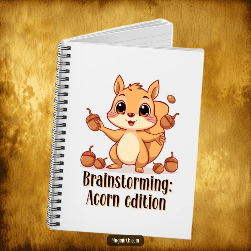 Funny notebook depicting a squirrel frantically juggling acorns with wide eyes, perfect for note-taking and planning.
