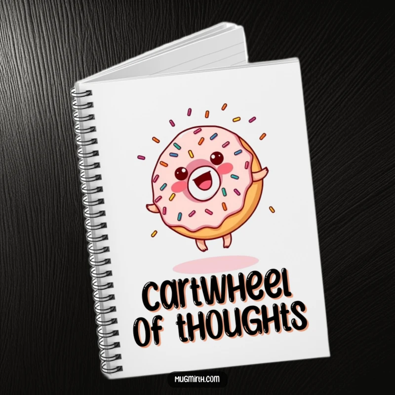 Funny donut notebook with sprinkles doing a cartwheel, glaze flying, a humorous stationery item for writing and drawing.