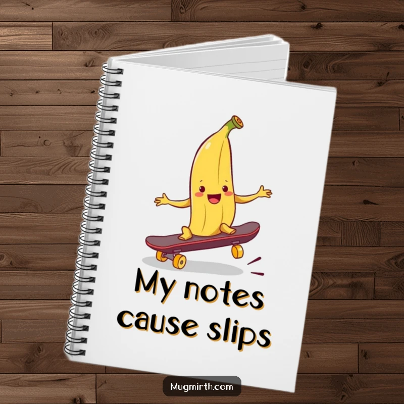Funny banana peel notebook, a smiling peel ready to trip a skateboard, perfect for notes and creative brainstorming.