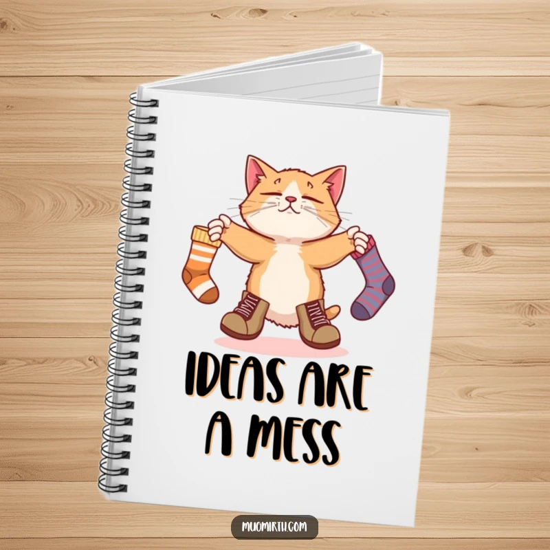 Funny notebook cover: a bewildered cat in boots juggles socks, inspiring creative and humorous notes.