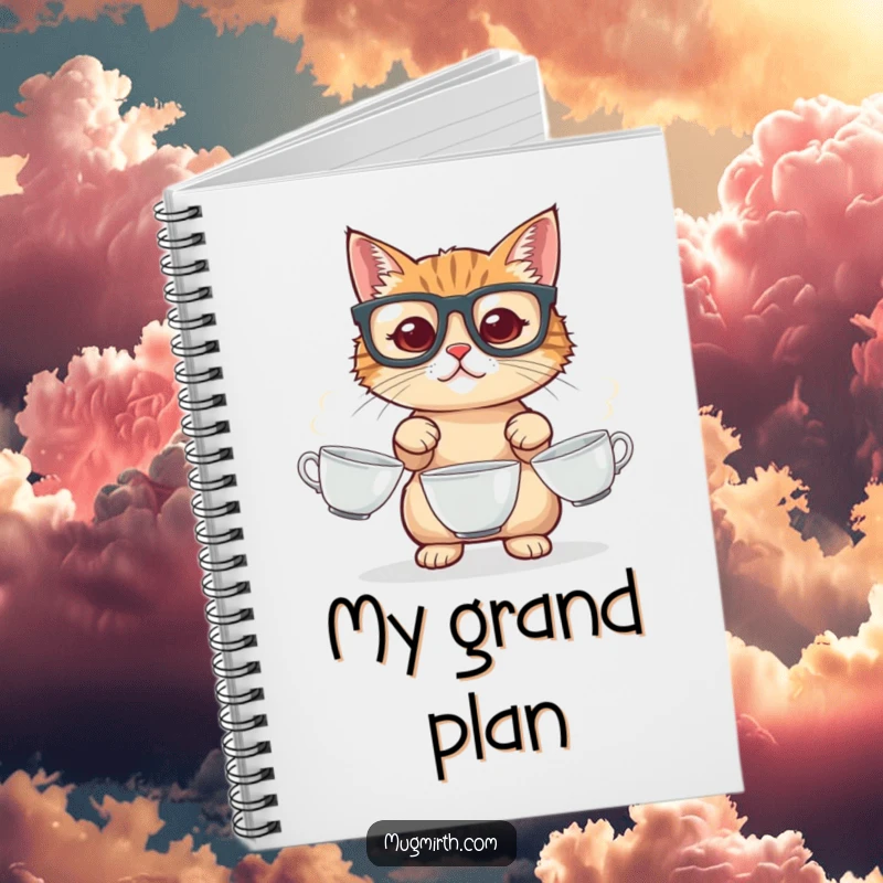 Funny cat notebook, with glasses, juggling three teacups, a humorous place to write down your own balancing acts.