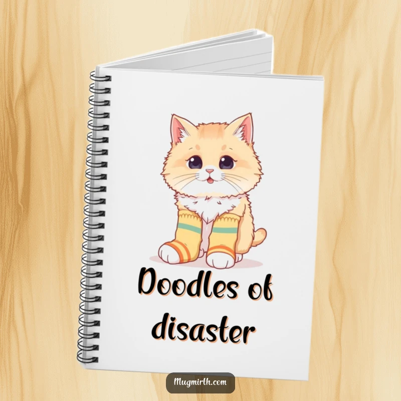 Funny notebook with a fluffy cat hilariously trying to wear oversized, mismatched socks, perfect for jotting down quirky ideas.
