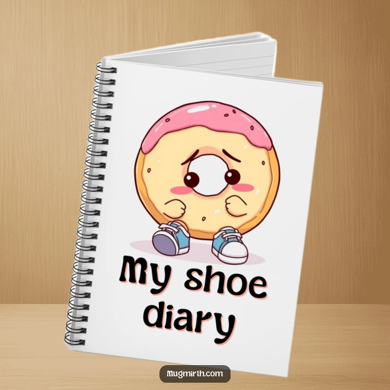 Funny Confused Donut Notebook: A notebook cover showcasing a confused donut attempting to put on a pair of comically small shoes.