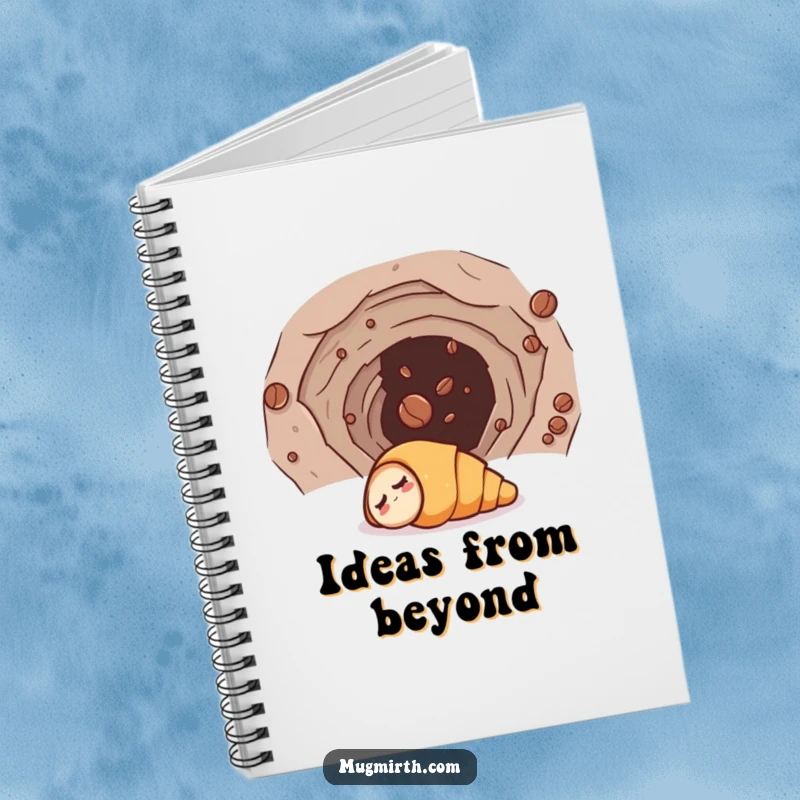 Funny notebook cover with a sleepy croissant comically entering a wormhole, led by a coffee bean, perfect for jotting down cosmic ideas.