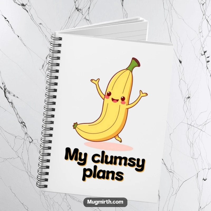 Funny dancing banana slipping on a peel but smiling, a humorous notebook.