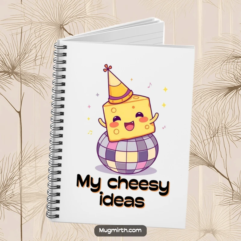 Funny Disco Cheese Notebook: A cheese wedge with a party hat spins on a disco ball, ready for notes.