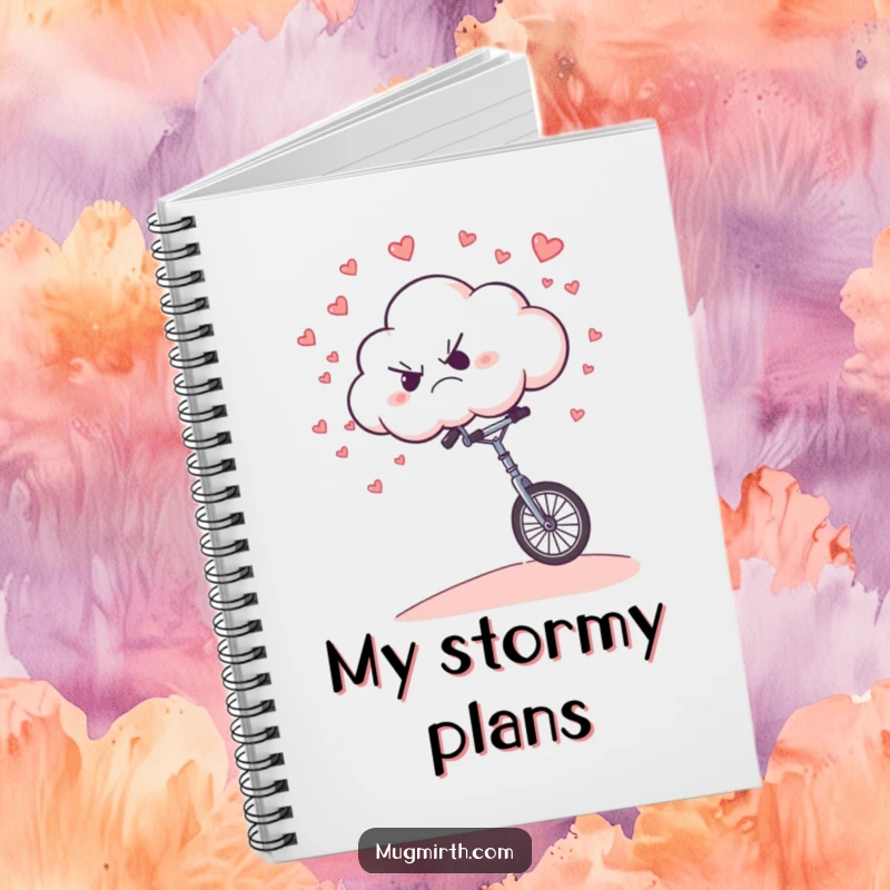 Funny Notebook: A grumpy cloud humorously riding a unicycle downhill, raining tiny hearts.