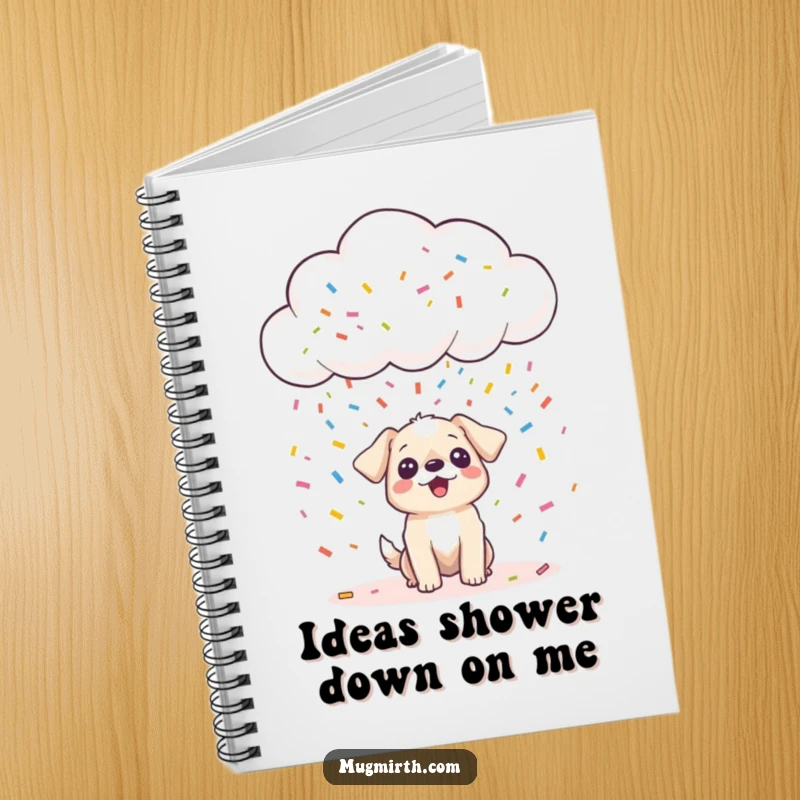 Funny happy cloud showering confetti onto a surprised dog, on a notebook, perfect for jotting funny thoughts, a funny gift.