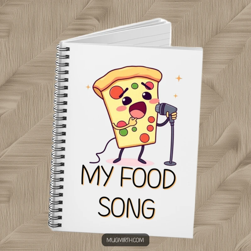 Funny opera pizza notebook featuring a slice of pizza singing opera into a microphone. For notes and ideas.