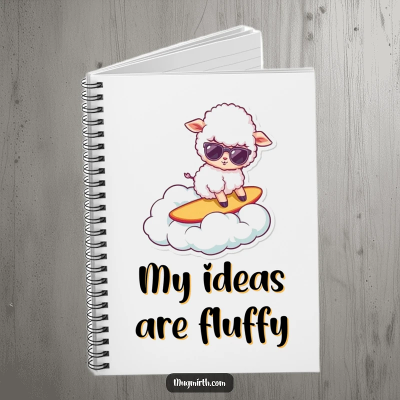 Funny sheep notebook, a cool sheep in sunglasses surfing on a cloud, perfect for notes and creative brainstorming.