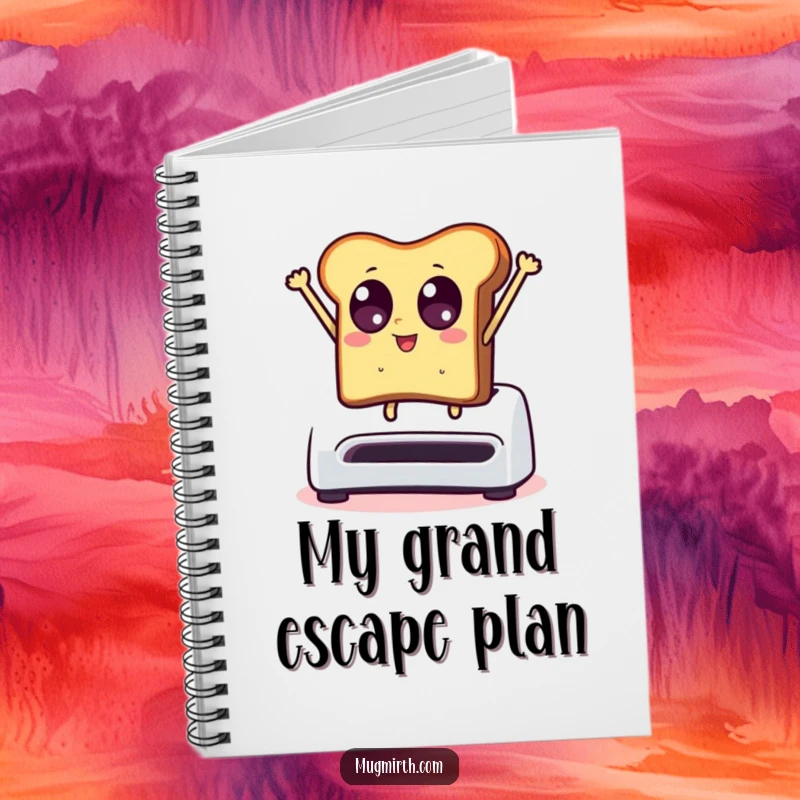 Funny notebook cover: toast with wide eyes leaps from a toaster, encouraging creative and humorous entries.