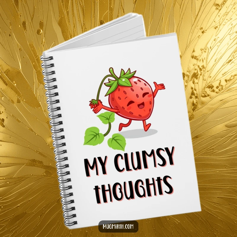 Funny tripping strawberry notebook featuring a cartoon strawberry with legs tripping over its vine. For notes and ideas.
