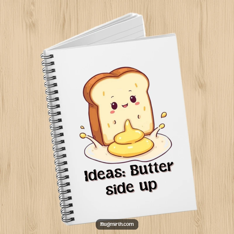 Funny notebook showcasing a piece of toast dramatically falling into butter, great for jotting down notes and jokes.