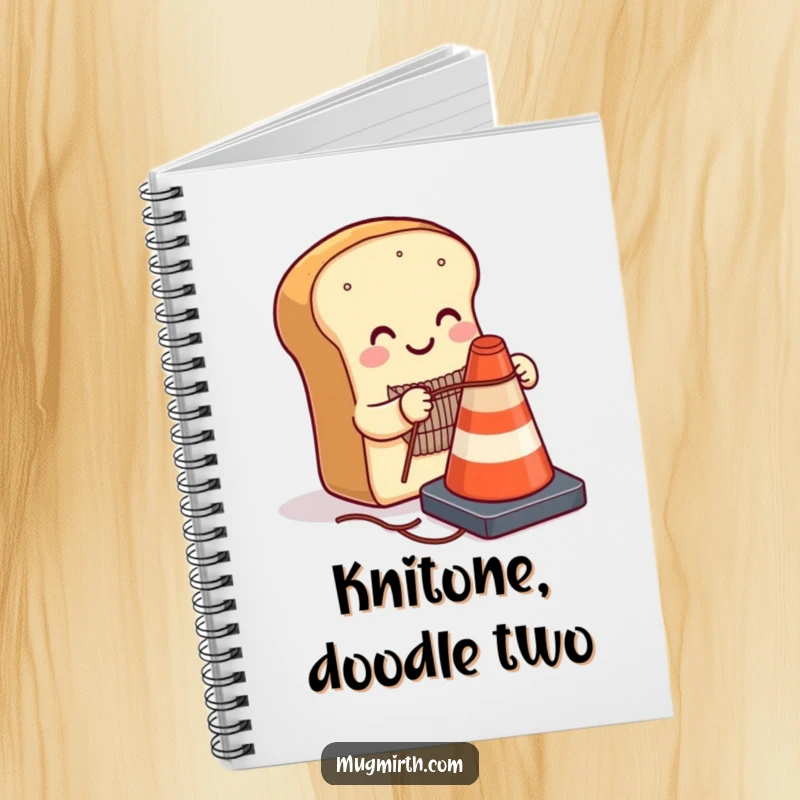 Funny smiling loaf of bread knitting a sweater for a traffic cone on a notebook cover, ideal for journaling quirky ideas.