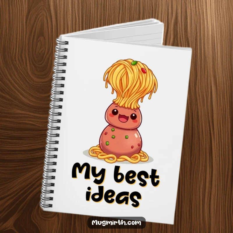 Funny Notebook: A spaghetti noodle balancing in a headstand on a meatball, ideal for note-taking.