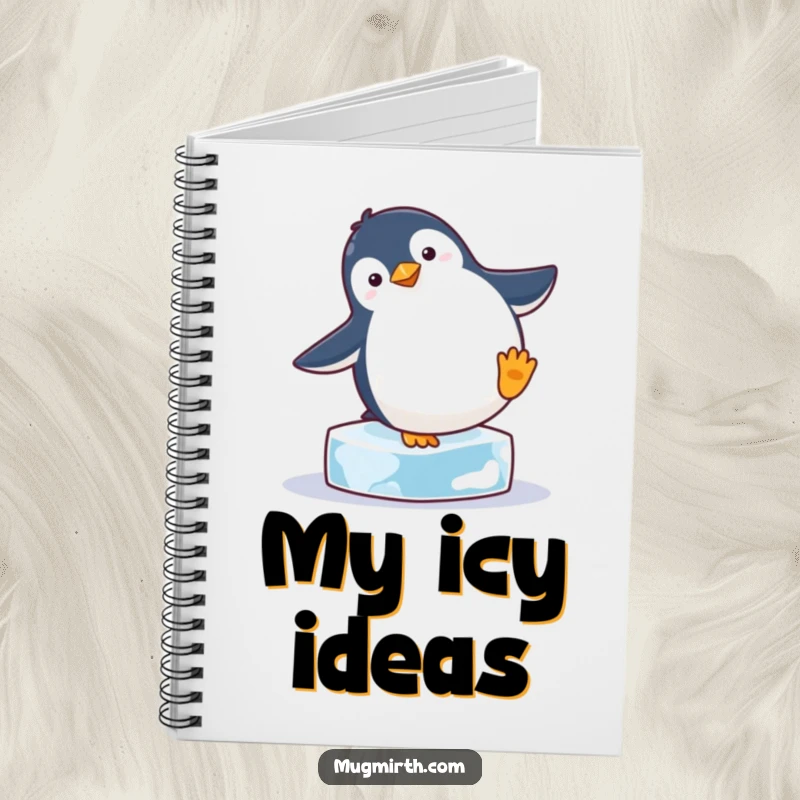 Funny penguin attempting a handstand on a tiny ice cube, perfect for humorous note-taking and creative journaling.