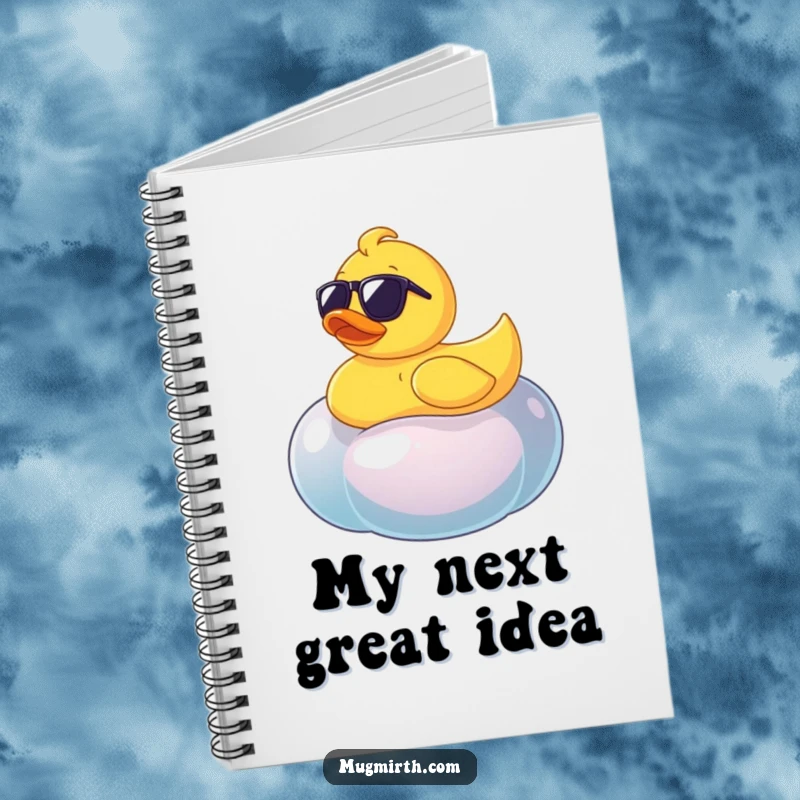 Funny rubber ducky in sunglasses on a wobbly jellybean, a humorous notebook for creative thoughts.