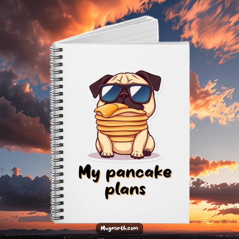 Funny notebook cover showing a pug in oversized sunglasses balancing a stack of pancakes on its nose, inspiring humorous note-taking.