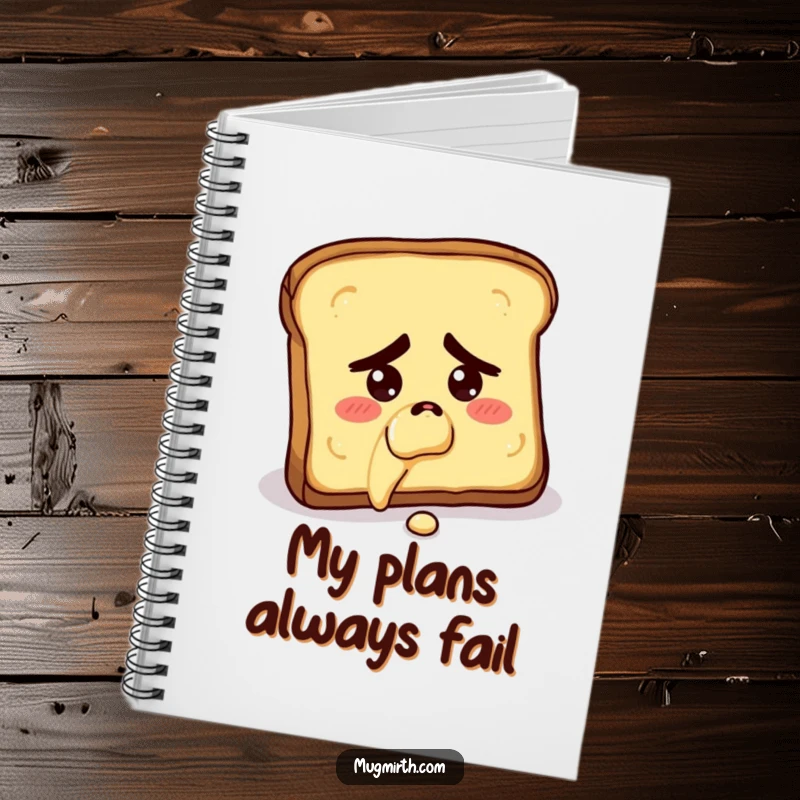 Funny notebook with a concerned slice of toast falling butter-side down, ideal for jotting down thoughts and humor.