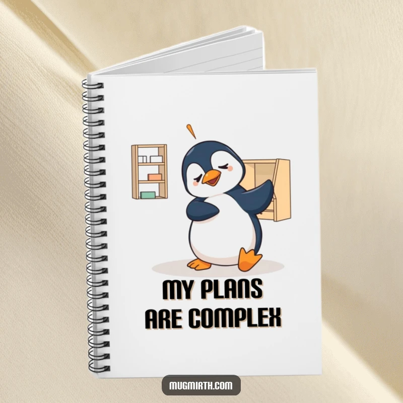 Funny notebook with a bewildered penguin scratching its head over flat-pack furniture instructions, a humorous stationery gift.