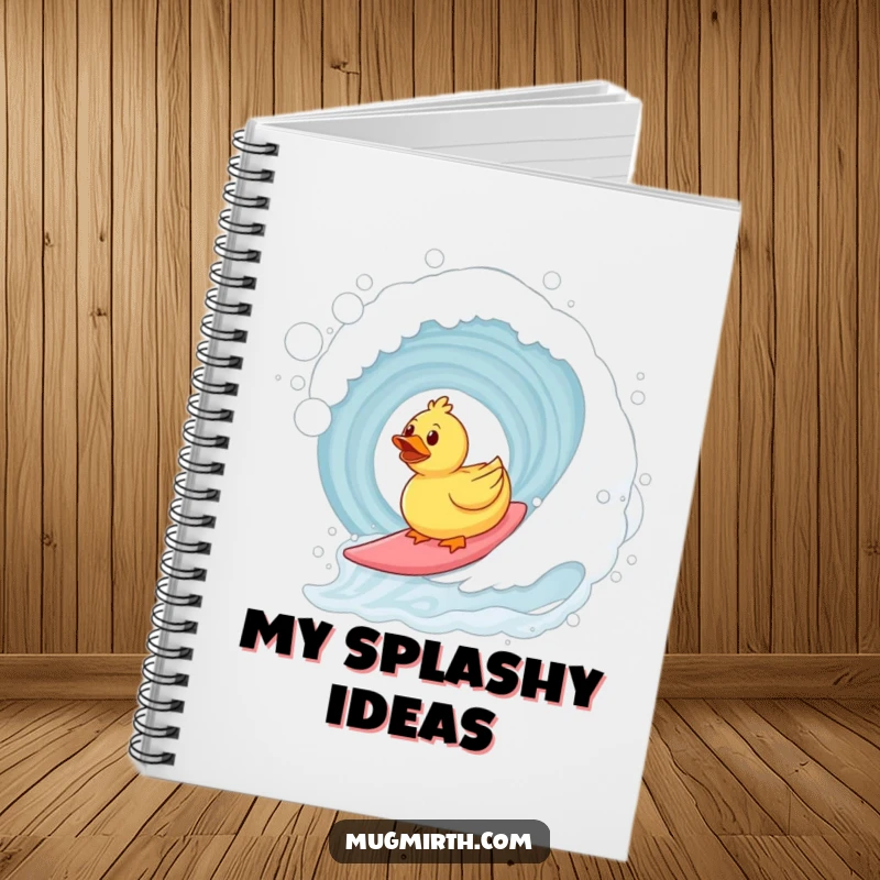 Funny surfing rubber duck notebook with a duck riding a bubble bath wave. For notes and ideas.