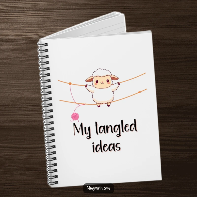 Funny sheep notebook, fluffy, balancing on a clothesline, unraveling yarn, ideal for jotting down adventurous thoughts.
