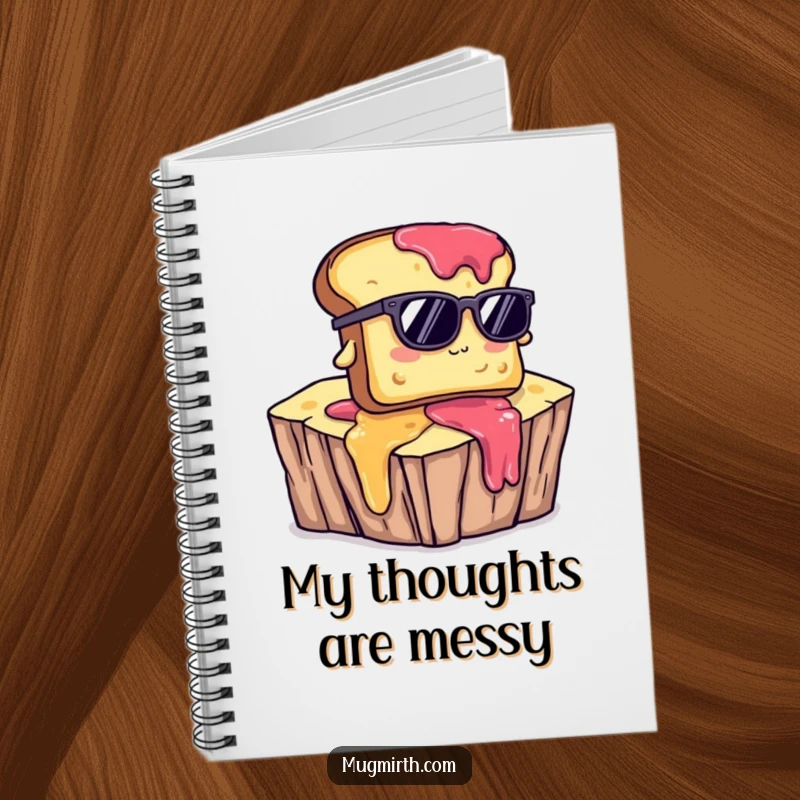 Funny notebook cover with toast in sunglasses, comically falling into jam, perfect for doodling funny breakfast scenes.