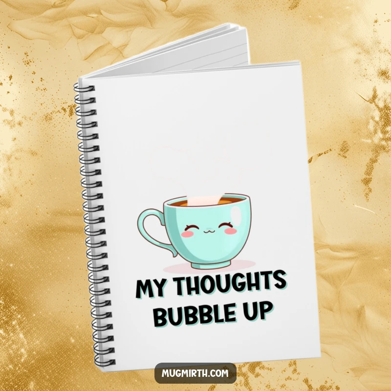 Funny teacup notebook, a sentient cup blowing steam bubbles, perfect for notes and creative brainstorming.