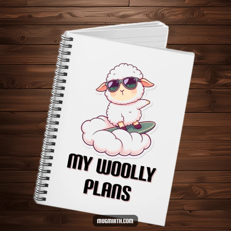 Funny notebook cover featuring a happy sheep in sunglasses surfing a cloud, ideal for journaling and creative notes.