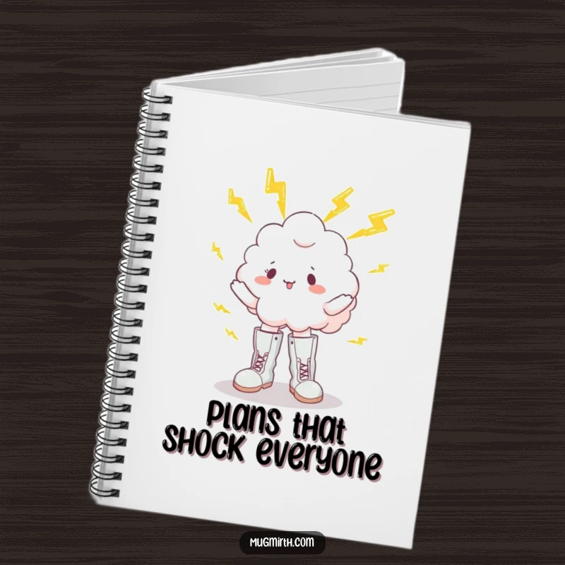 Funny notebook cover with a fluffy cloud in boots, comically juggling lightning bolts, ideal for jotting down funny thoughts and ideas.