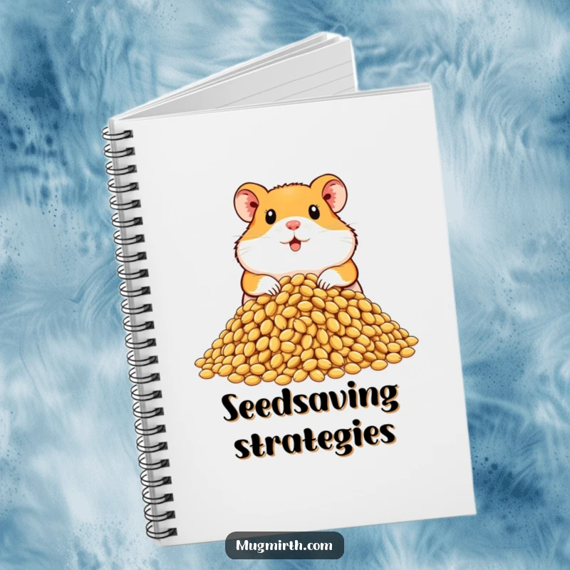 Funny hamster notebook showing a proud rodent with a pile of sunflower seeds, ideal for jotting down meticulous plans.