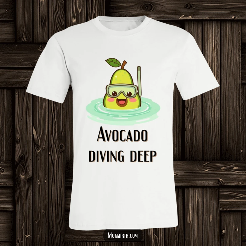 Funny avocado t-shirt with a smiling fruit wearing a snorkel, submerging into a rippling green pool, a cool and humorous top.