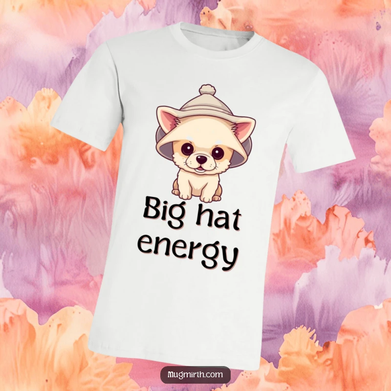 Funny t-shirt depicting a minuscule dog wearing an enormous hat that obscures its vision.