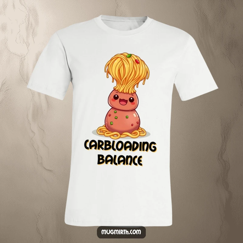 Funny T-Shirt: A spaghetti noodle in a headstand pose, perfectly balanced on a savory meatball.
