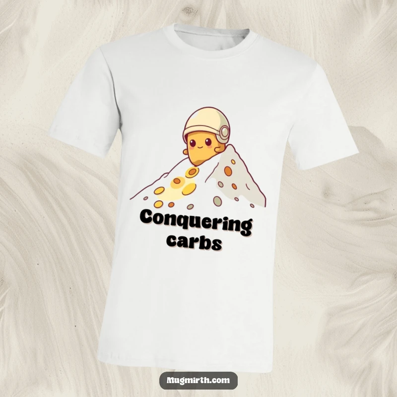 Funny potato t-shirt, tiny helmet on, determinedly climbing a huge pile of cheese, a comical and inspiring food battle.