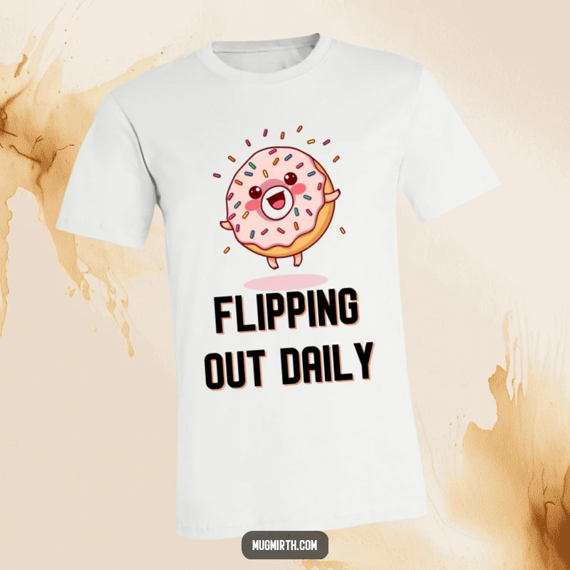 Funny donut t-shirt with sprinkles performing a cartwheel, glaze flying dynamically, showcasing a humorous and energetic pastry character.
