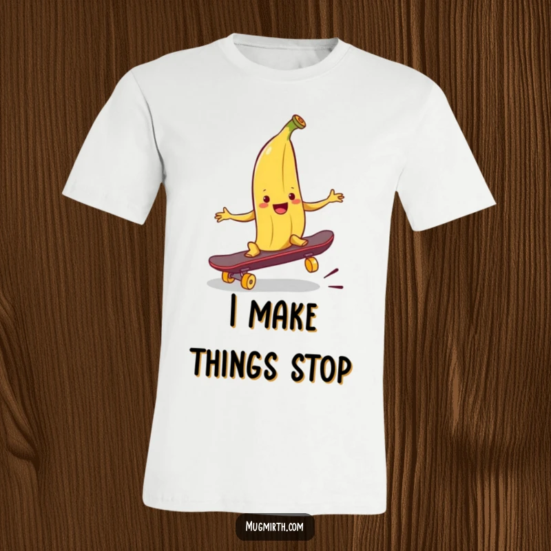 Funny banana peel t-shirt, a smiling peel slyly plotting to trip a skateboarder, full of mischievous intent.