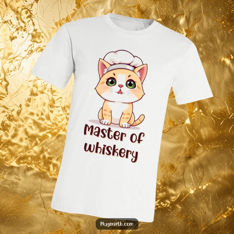 Funny cat chef t-shirt with a bewildered cat chef, flour on whiskers, looking lost. Ideal wearable humor for cat lovers and home cooks.