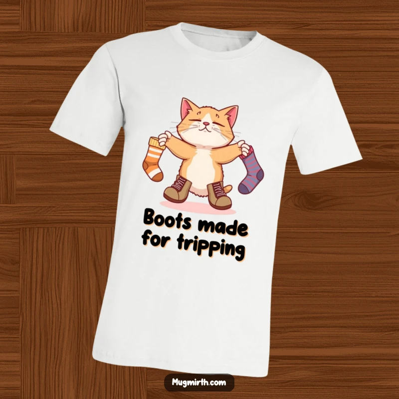 Funny t-shirt graphic: a bewildered cat wearing oversized boots, juggling mismatched socks with a comical expression.