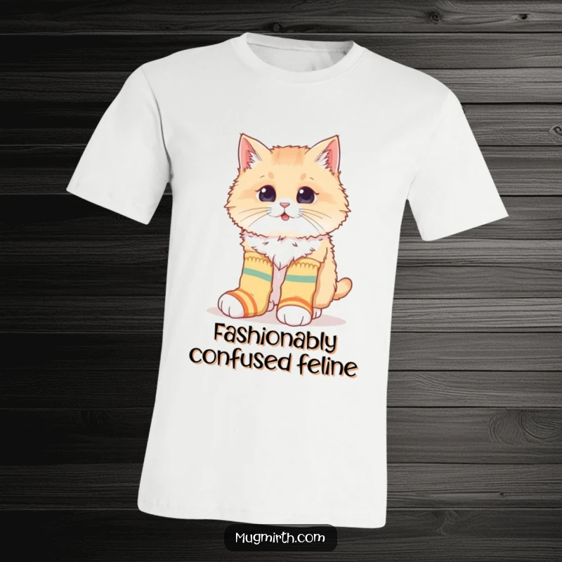 Funny t-shirt with a fluffy cat hilariously attempting to wear mismatched, oversized socks, radiating clumsy charm.