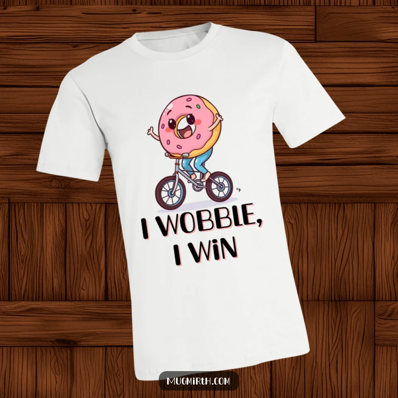 Funny donut t-shirt featuring a donut character joyfully riding a tiny unicycle, comically wobbling with excitement.