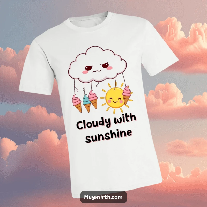 Funny t-shirt graphic: a grumpy cloud rains perfectly formed ice cream cones onto a cheerful, happy sun.