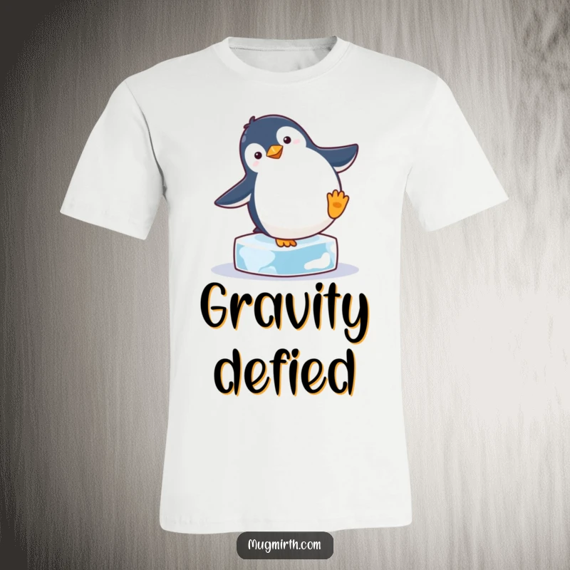 Funny, round penguin wobbling while trying to handstand on a sliver of ice, a humorous design for t-shirt enthusiasts.